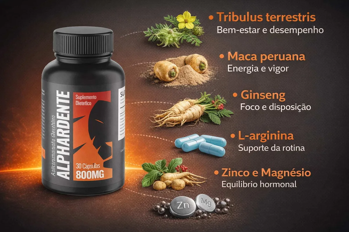 Plantas e raízes da fórmula do Alphardente: Tribulus, Maca peruana, Ginseng, L-arginina, zinco e magnésio