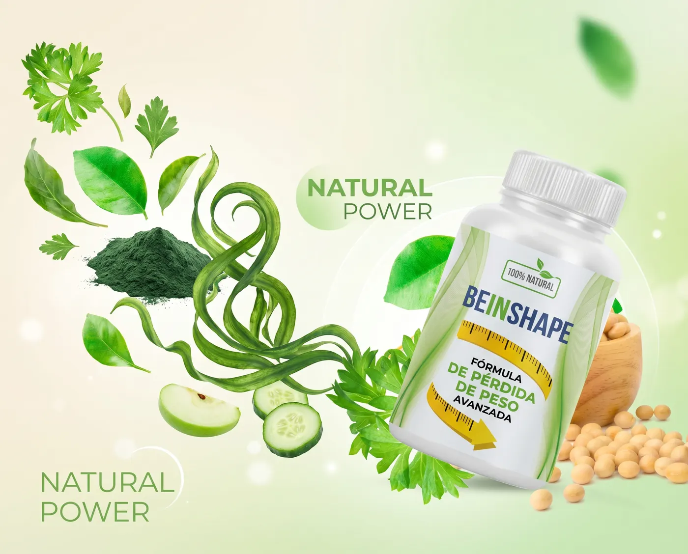 Ingredientes naturales de BeInShape — espirulina, soya, perejil